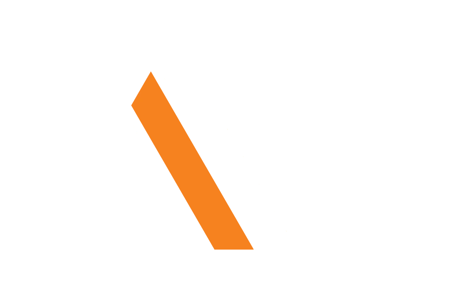 A stylized logo featuring geometric shapes and bold lettering with an orange accent