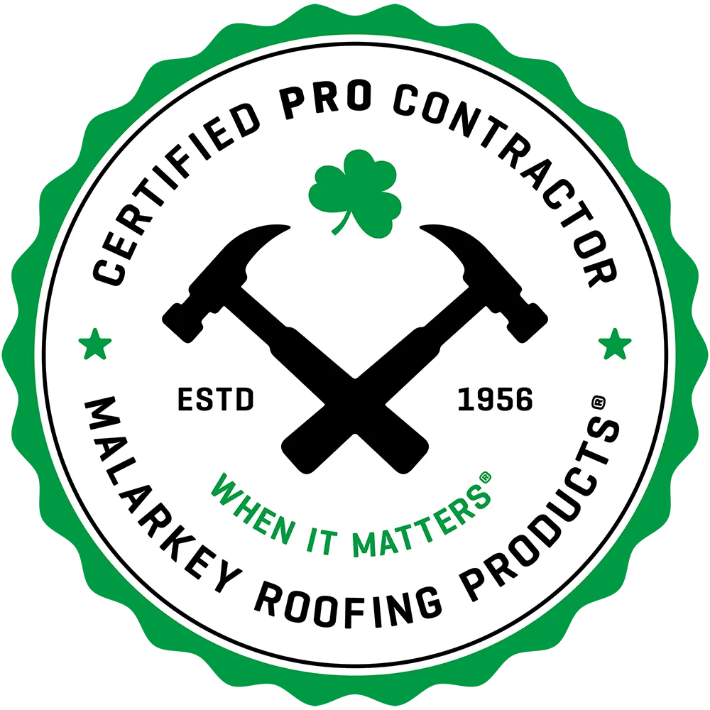 A circular logo features crossed hammers, emphasizing certification and roofing products