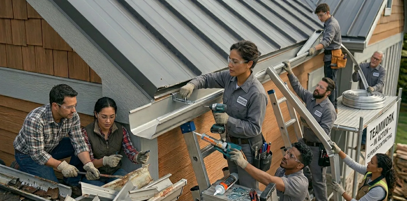 Several workers collaborate on a roof, installing gutters and managing tools