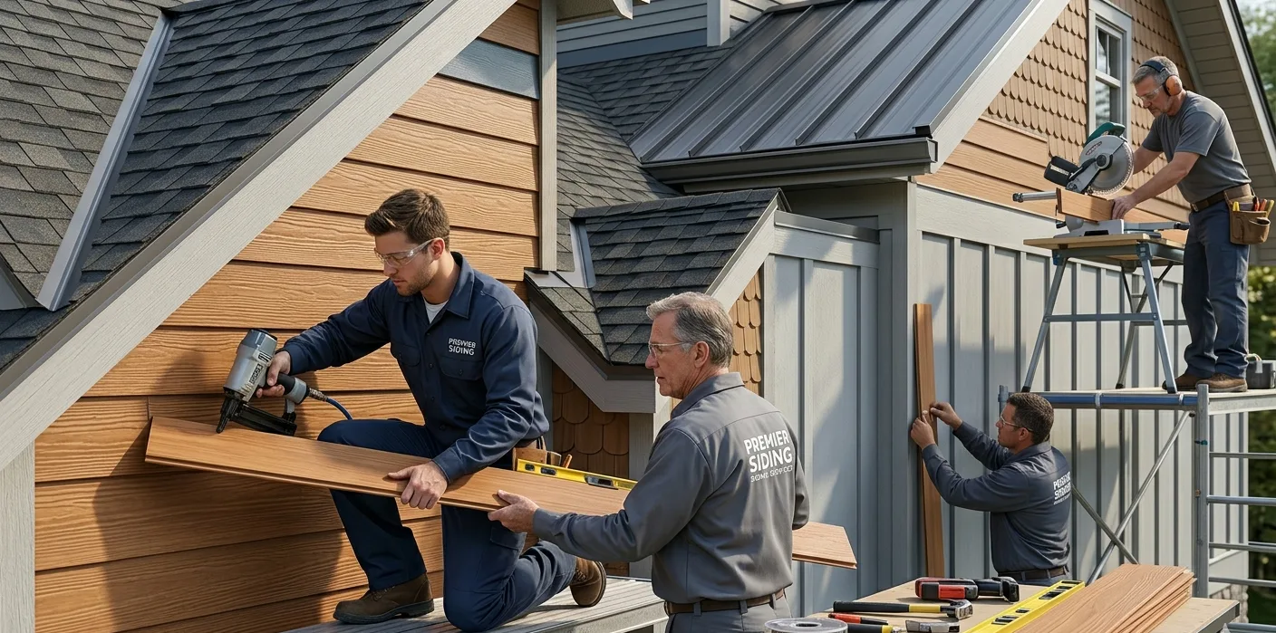 Two workers install exterior paneling on a house while another is on scaffolding