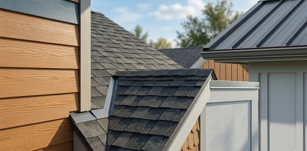 Two roofs with different materials and colors are juxtaposed against a clear sky
