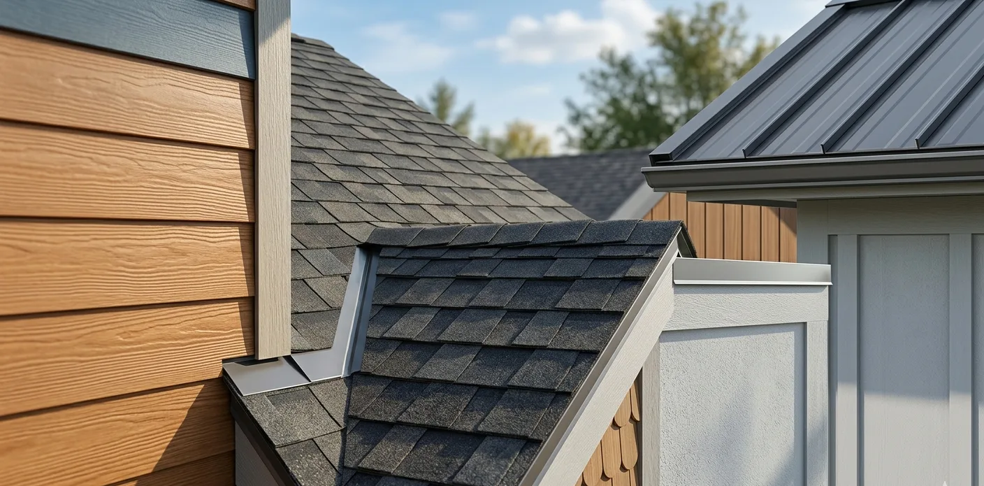 Two roofs with different materials and colors are juxtaposed against a clear sky
