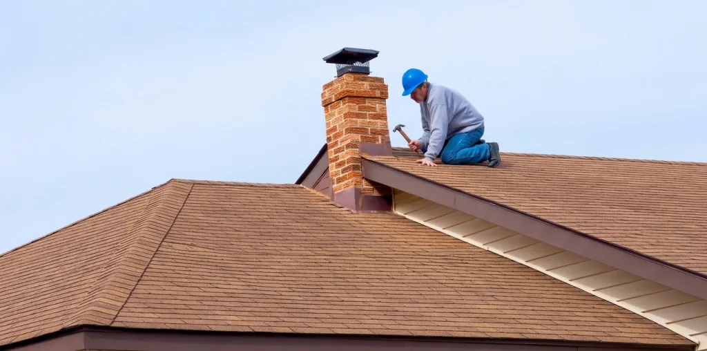 A worker repairs a chimney while kneeling on a sloped roof