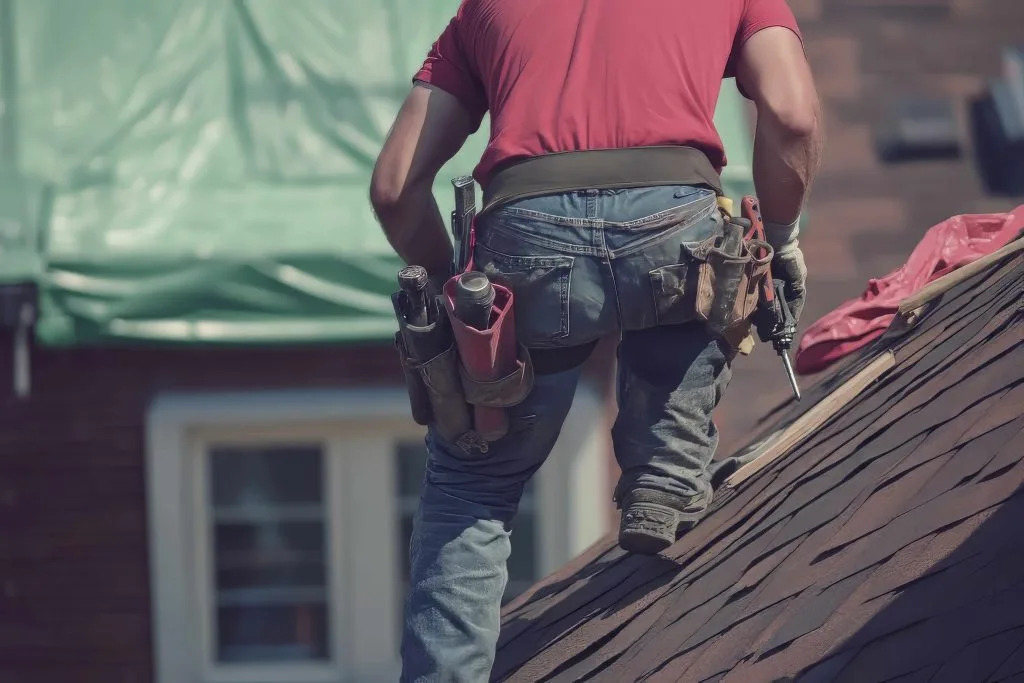 A worker repairs a sloped roof while wearing a tool belt